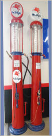 1930'S MOBILGAS. RED & DARK BLUE. TALL VISSIBLE WAYNE. WITH GLOBE. NEW RESTORATION. 2 AVAILABLE $4800 EACH